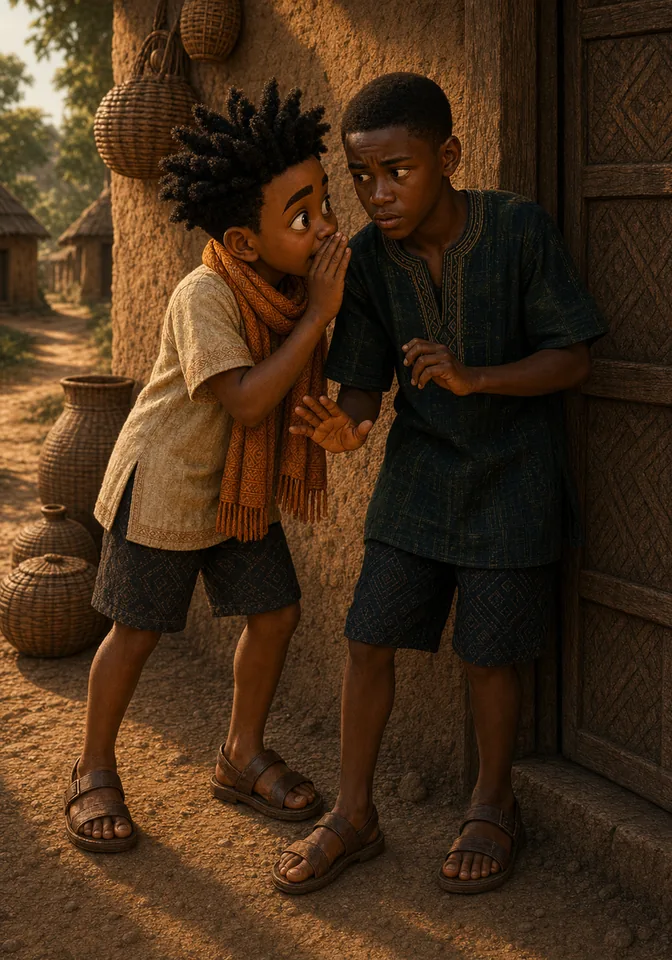 Kweku whispers his foolish plan to Kojo behind a hut.