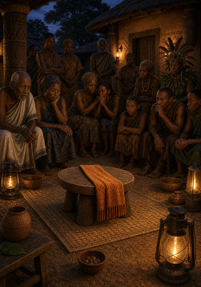 Villagers and forest neighbors gather around an empty storytelling stool.