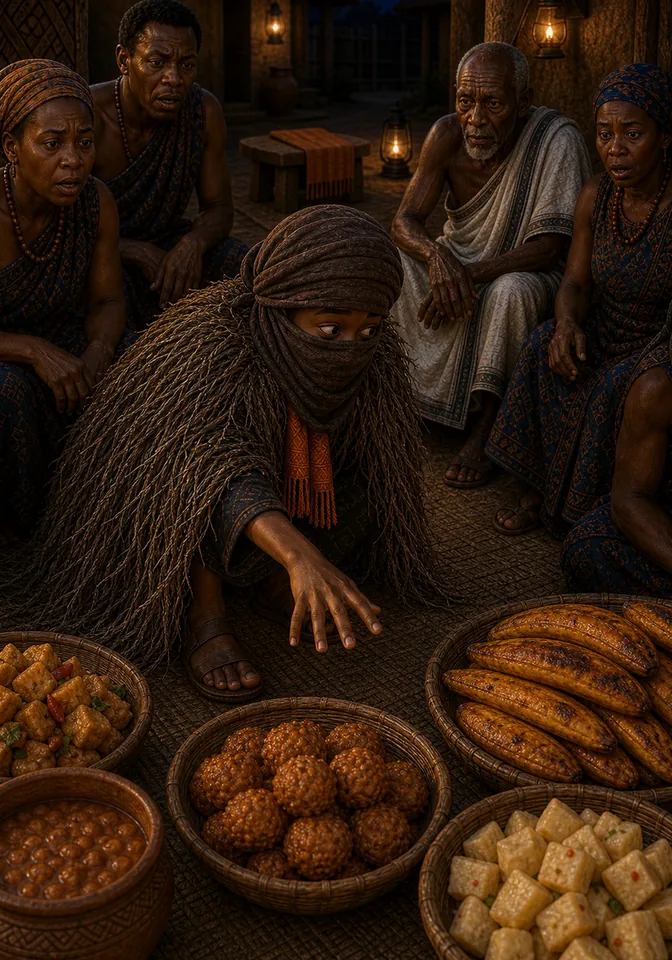 Kweku reaches for food while his scarf fringe and sandals reveal him.