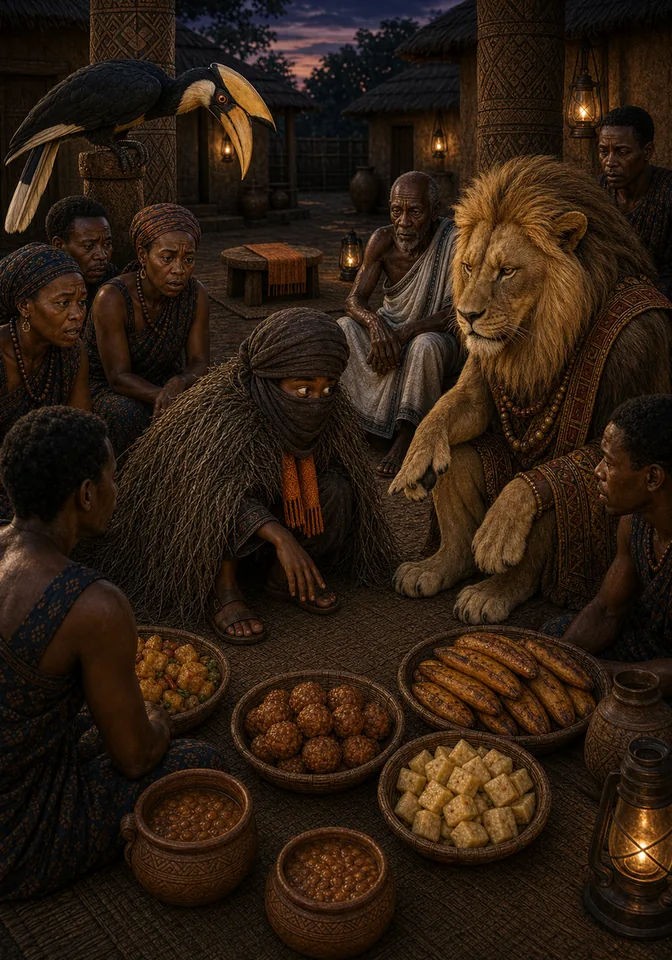 Akosua the hornbill and Nana Lion notice Kweku's disguise clues.
