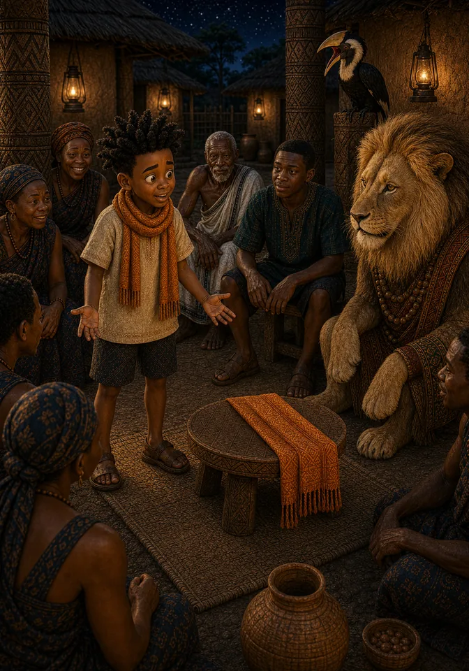 Kweku apologizes before the empty storytelling stool and village circle.